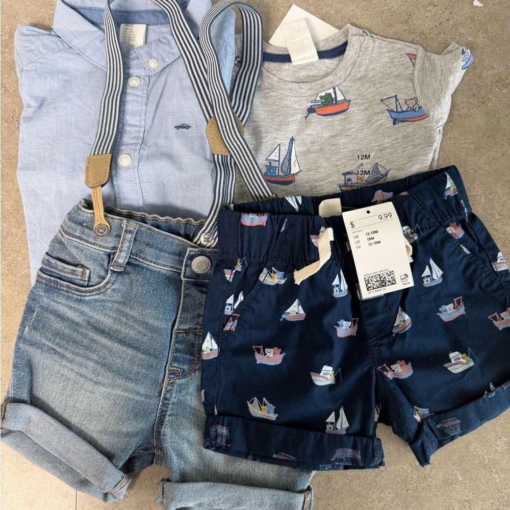 H&M Boys Blue Denim Shorts, Navy Boat Print Shorts & Tee & Light Blue Shirt Set